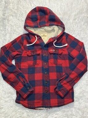 Vintage Y2K Hollister Sherpa-Lined Flannel Jacket Mens Medium Red Hooded READ